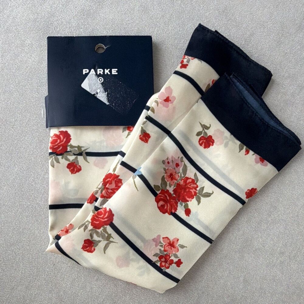 PARKE Target Floral Rose Stripe Print Scarf Cream Red Navy Blue Satin NWT